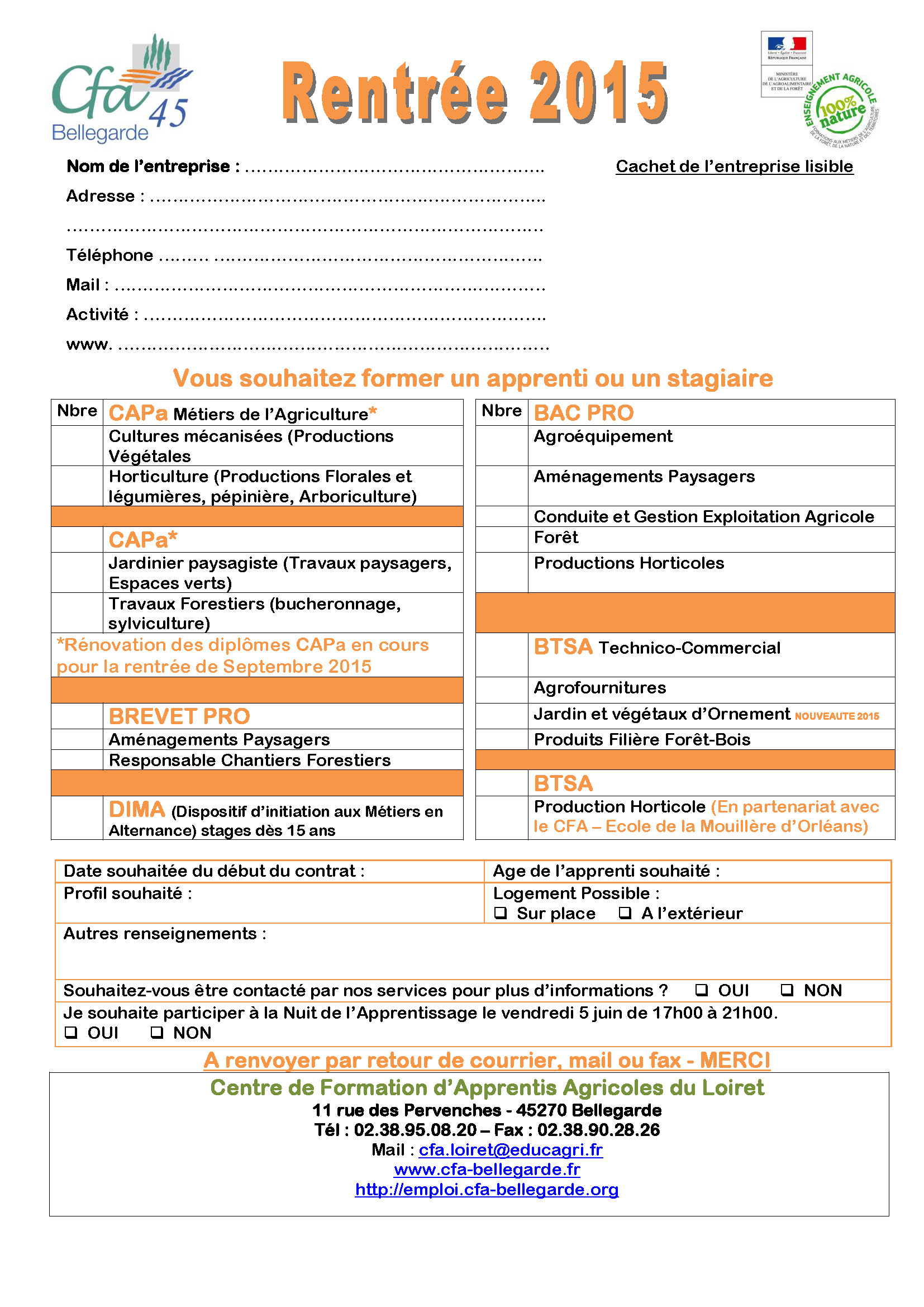 Formulaire Recrutement rentrée 2015